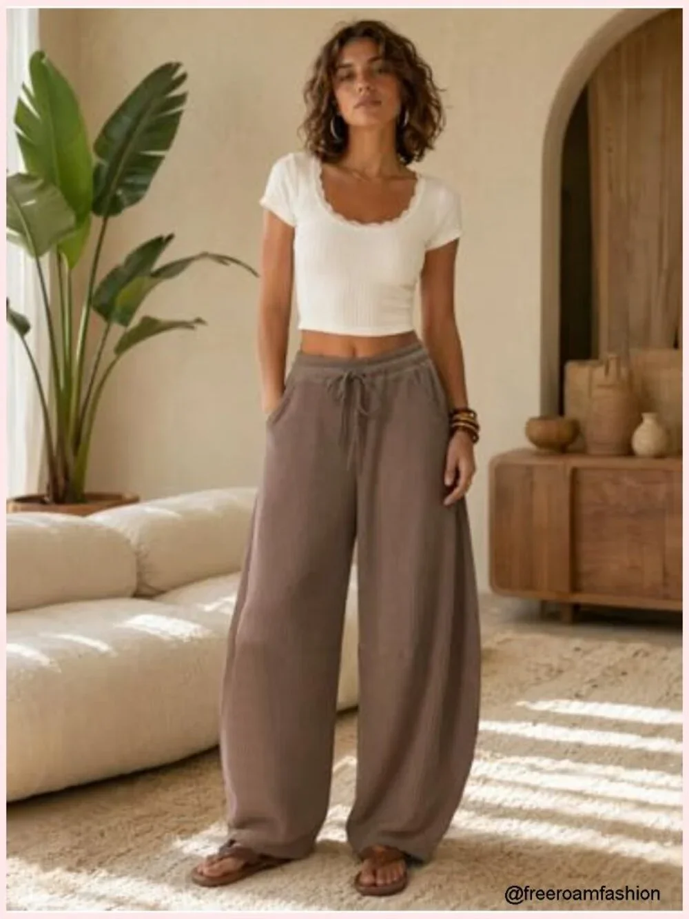 Waffle Knit Wide Leg Drawstring Sweatpants with Pockets